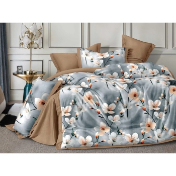 Pościel 200x220 Bawełna satynowa szaro brązowa w kwiatyPK734 z PRZEŚCIERADŁEM